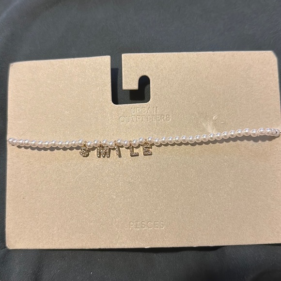 NWT Urban Outfitters Expressions Pearl Charm Necklace Rhinestone SMILE - Picture 1 of 4